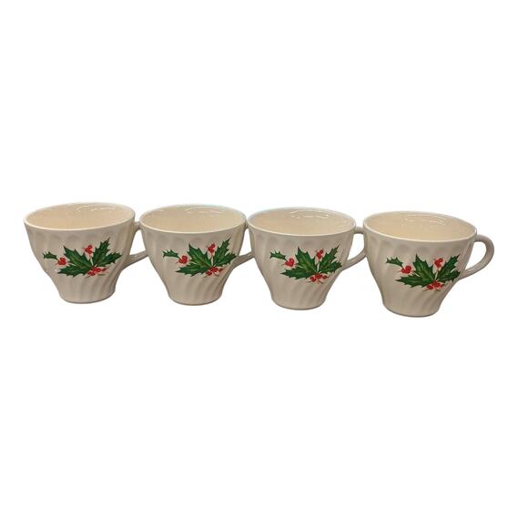 Vtg Scio Pottery Holly Berry White Swirled Ceramic Tea Coffee Cups Set Of 4 - Picture 1 of 5